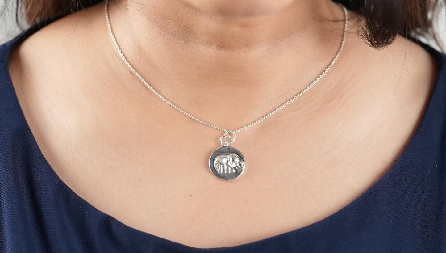 Rhodium plated sterling silver chain with pendant of elephant charm with an AD on its trunk - fine silver jewelry handcrafted by Adiva Jewelry