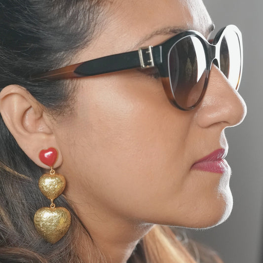 Heart-shaped brass statement earrings by Adiva Jewelry – handcrafted party wear accessory for women, ideal for festive occasions