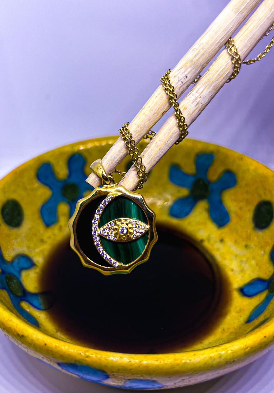 Sterling silver with gold plating pendant with evil eye detail - made by Adiva Jewelry for every day wear