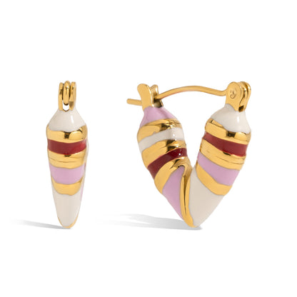 Hoop earrings with gold, pink, and red design on a white background