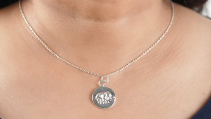 Rhodium plated sterling silver chain with pendant of elephant charm with an AD on its trunk - fine silver jewelry handcrafted by Adiva Jewelry 