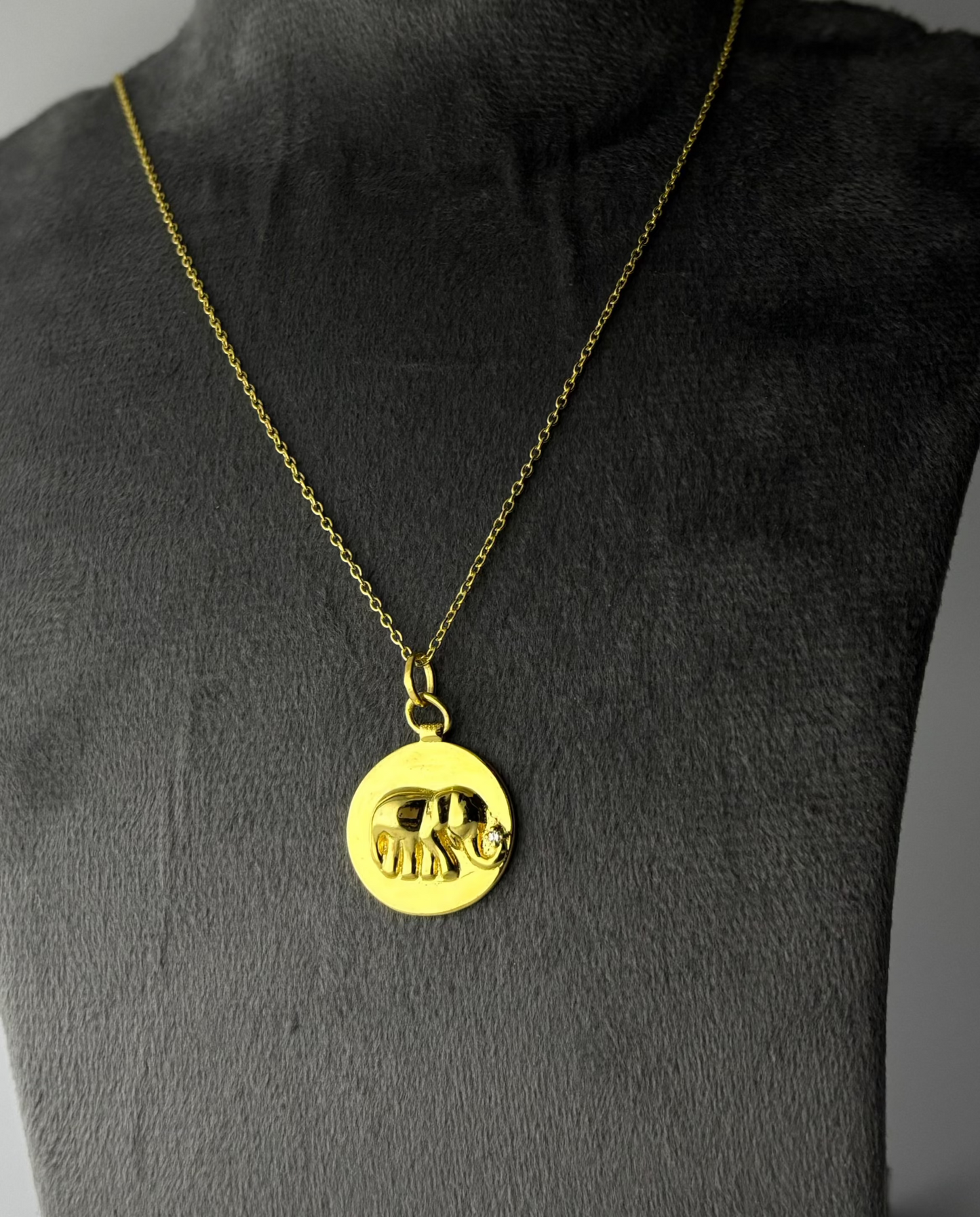 Gold plated sterling silver chain with pendant of elephant charm with an AD on its trunk - fine silver jewelry handcrafted by Adiva Jewelry