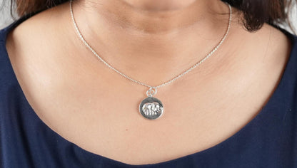 Rhodium plated sterling silver chain with pendant of elephant charm with an AD on its trunk - fine silver jewelry handcrafted by Adiva Jewelry 